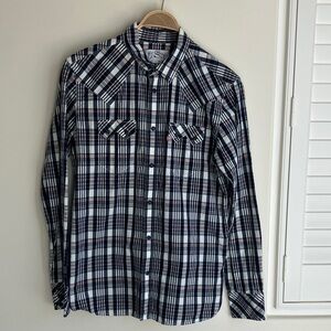 Levi's Strauss Navy and White Checkered Button Down Western Style Shirt Medium
